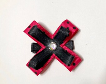 Toddler Child Pink black Polka Dot Hair Ribbon, Bow, hair Clip, Gift, Pigtails