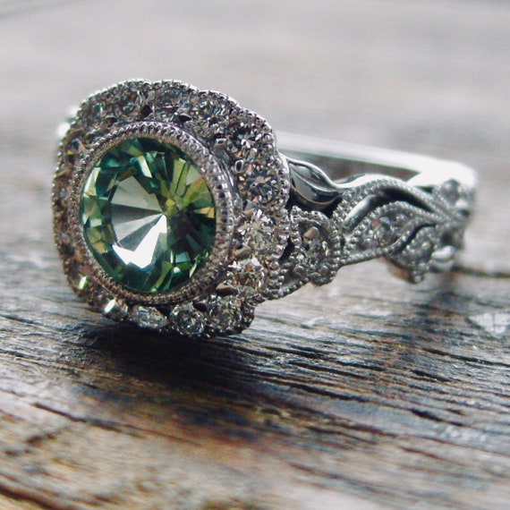 Sage Green Sapphire And Diamond Engagement Ring In 18k White