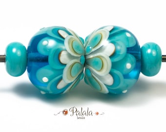 Pair of blue and ivory Lampwork Glass Beads for earrings