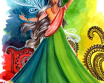 Mehndi Dancer Art Print, Wall Art, Wall Hanging, Illustration Print, Gift for Her,Boutique Art Print, Mehndi Art Print