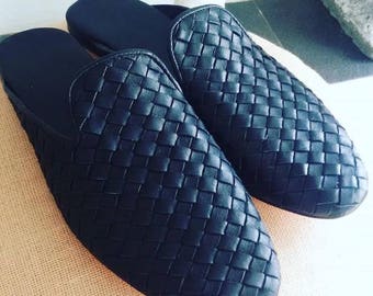 Mens Leather Loafers Leather Mules Woven Leather Shoes Men