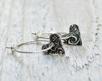 Sterling Silver Hoops with Heart Charms Argentium Sterling Silver Earrings PMC Fine Silver Metal Clay Jewelry Valentine Git for Her Under 30