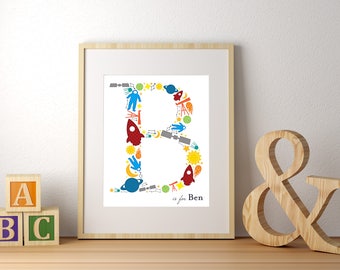 Outer Space Monogram Print; Outer Space Monogram; Rocket Monogram Print; Space Nursery Decor; Solar System Monogram; Solar System Nursery