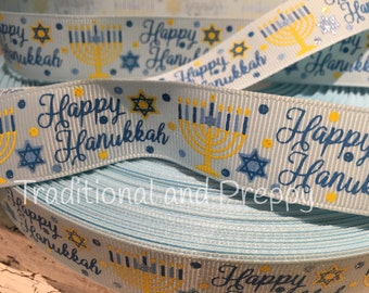 3 YARDS 7/8" HANUKKAH Light Blue Menorah Star of David Glitter Grosgrain Ribbon