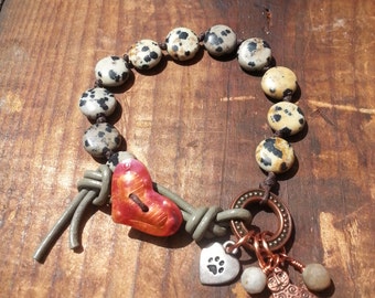 I Love My Cat Leather & Dalmatian Jasper Bracelet