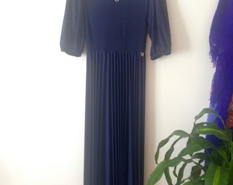 Vintage 70's Navy Pleated Maxi Dress