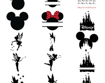 Disney Bundle SVG, Cut Files: Mickey & Minnie Mouse Ears, Tinkerbell, Disney Castle, Disney Font, Cricut, Silhouette dfx, eps, png, svg.