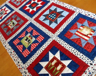 Patriotic table runner, Americana table topper, quilted, stars table quilt, red, white, blue, quiltsy handmade, 19. 5" x 38"