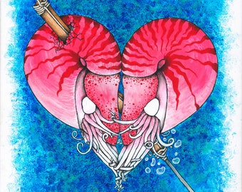 the Lovers, two nautilus's cuddling into a heart and being harpooned art print