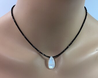 Black Spinel Necklace with Rainbow Moonstone Briolette