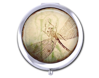 Dragonfly pocket mirror, vintage dragonfly compact mirror, dragonfly collage, insect mirror, gift for her.