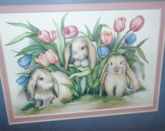 Vintage Laurie Korsgaden Bunny Rabbit in garden watercolor wood Framed Picture Matted signed decor 1980s Kitsch 13" x 11"
