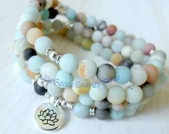 Amazonite Mala, 108 beads, Mala Bracelet or Necklace, Reiki, Buddhist Rosary,Prayer beads, Gemstone, wrist mala, Lotus, buddha, ohm, om