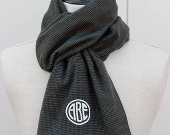 Personalized Mens Scarf, Monogram Flannel Scarf -Charcoal/Black Mini Houndstooth, Gift for Him