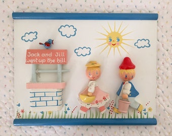 Vintage Irmi Nursery Originals Jack and Jill wooden plaque, 1960s midcentury wall art, nursery rhyme wallhanging, wishing well, birdie