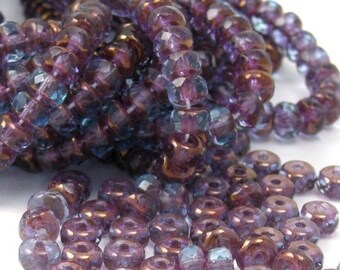 Czech Glass Beads Fire Polished Gemstone Donuts 3x5mm Copper Aquamarine (50) CZF090