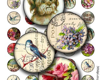 vintage postcard circles 1 inch round images Printable Download Digital Collage Sheet bird flower house diy jewelry pendant
