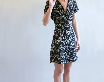 80’s Black Floral Print Dress With Tie Back | Short Sleeve Dress | Collared Dress | Tie Back Dress | S-M-L