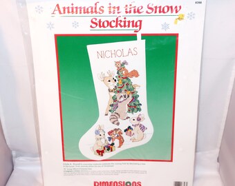 1990 Dimensions ANIMALS In The SNOW STOCKING #8398 Christmas Stamped Cross Stitch Kit Tree Deer Baby Animals Personalize New Sealed Gift