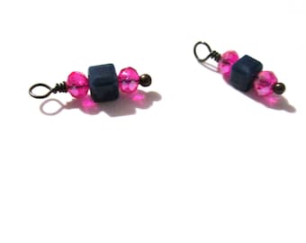 10PC. Navy and Fuchsia Sparkle AB Austrian Crystal Bead Charms//Handmade Bead Charms// Bead Dangle Adorned w/Ant. Copper Tone Plated Accent