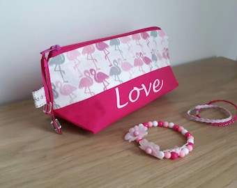 Toiletry bag personalized pink flamingos "Love". In stock.