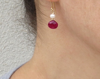 Natural ruby earrings, Ruby and pearl earrings, July birthstone
