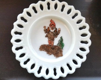 Vintage Kemple Plate Milk Glass Gnome Hand Painted Open Lace Edge 7.5"