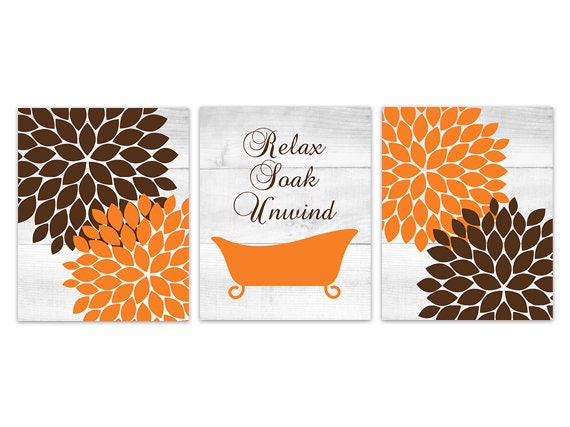 Flower Bathroom Art, Orange and Brown Bathroom CANVAS or PRINTS,