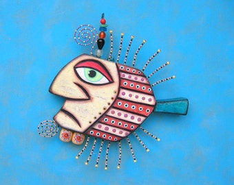 Gangster Fish VI, Original Found Object Wall Sculpture, Wood Carving, Wall Decor, Animal Sculpture, Figure Sculpture by Fig Jam Studio