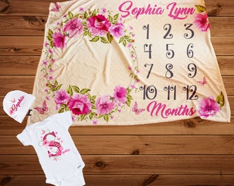 Newborn milestone blanket, bodysuit and beanie set, Take me home Set, photo prop baby, baby shower gift, keepsake blanket, baby blanket