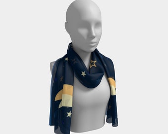 Women's lightweight scarf, Midnight Sky Long Fashion Scarf, Celestial Design, Moon and Stars, Made to Order