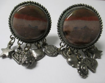 Vintage Jewelry Clip on earrings, stone inserted with 5 mini charms silver toned metal, not Signed