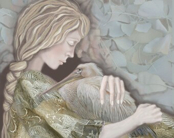 Woman, Pelican, Nature, Bird, Archival Print, Animal Love, Home Decor