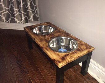 Raised dog feeder stand with scorched wood top, Dog bowl stand, Pet feeder, Rustic style