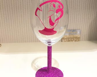 Personalised Disney Beauty And The Beast Chip Glitter Wine Glass - Any colour!