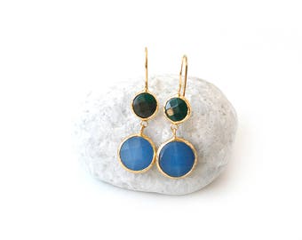 Dark Green and Cornflower Jade Double Stone Hook Gold Plated Earrings