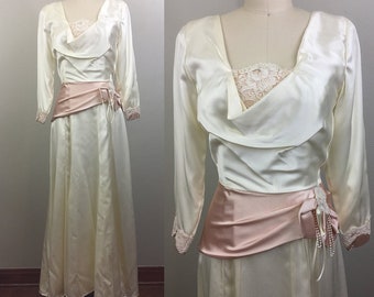 Vintage 80s Cream Satin and Pink Gown Wedding Dress Formal Party Prom S