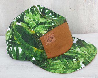 Tropical Leaves Green and White Canvas 5 Panel Camp Hat