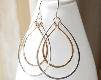 Silver And Gold Hoop Earrings, Sterling Silver and Gold Filled Teardrop Dangle Hoops, Mixed Metal Jewelry