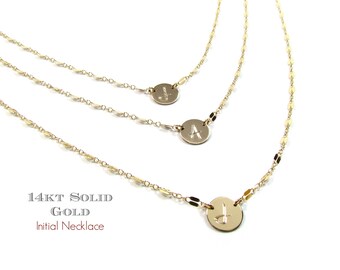 14K Initial Necklace, Engraved Initial Necklace, Double Bar Chain, Solid 14K Gold