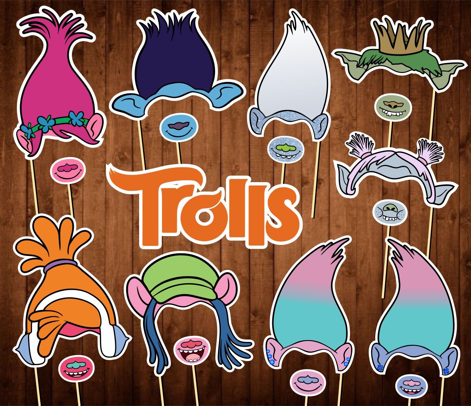 Trolls Birthday Photo Booth Props Printable PDF Trolls