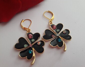 women clover flower, enamel, gold plated, colorful earrings