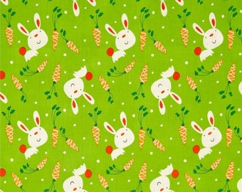 Cartoon Fabric, Rabbit Fabric: Garden Bunny & Carrots Grass by David Walker 100% cotton Fabric by the yard 36"x44" (K94)