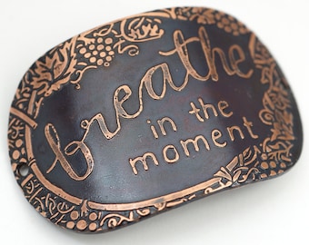 2 hole oval etched copper bracelet component, breathe in the moment, curved link, 2 inches x 1 1/4 inches long