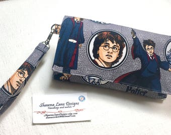 Harry Potter cell phone wallet, wristlet, Pottermania novelty fabric, Women's Wallet with strap, mobile phone accessory, Shawna Lane Designs