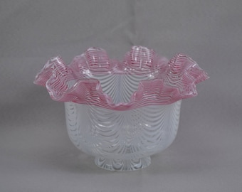 French Antique Large Glass Lamp Shade - Pink & White Nailsea Type Lamp Shade - Victorian Lamp Sahe 2 1/2 Fitter