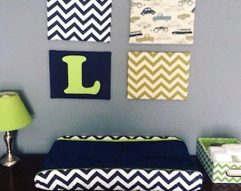 Navy chevron, lime, changing pad cover with navy minky dot