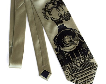 Locomotive necktie. "Crazy Train" railroad necktie. Screen printed microfiber men's necktie. Your choice of color and width. Black print.