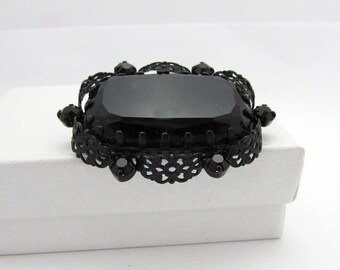 West Germany Black Crystal Brooch - Black enamel - 1-7/8" x 1-1/4" - 1950s