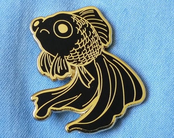 Sad Fish Hard Enamel Pin - Gold and Black - Lapel Pin Cloisonné Badge - Goldfish Black Telescope, Mermaid Pin